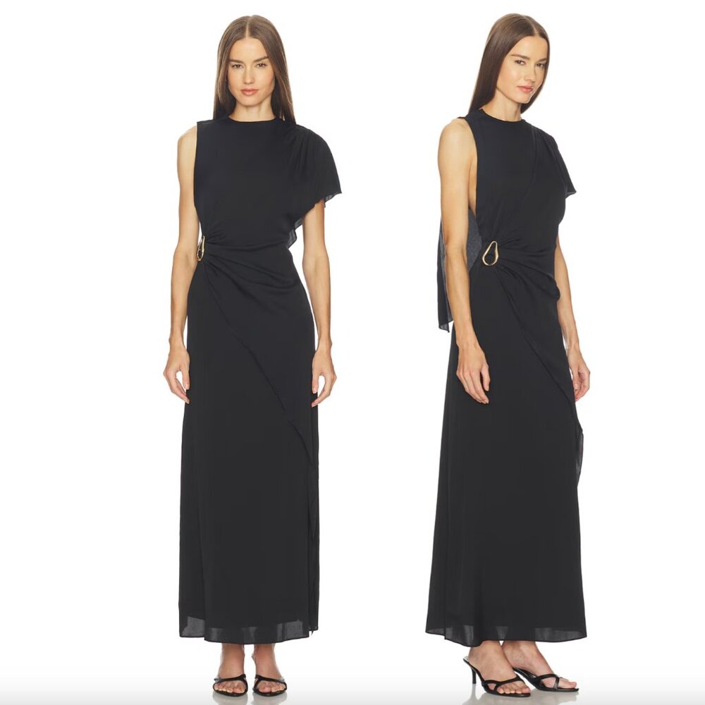 NEW SRG Hallie Silk Maxi Dress in Black Asymmetrical Gown Small S